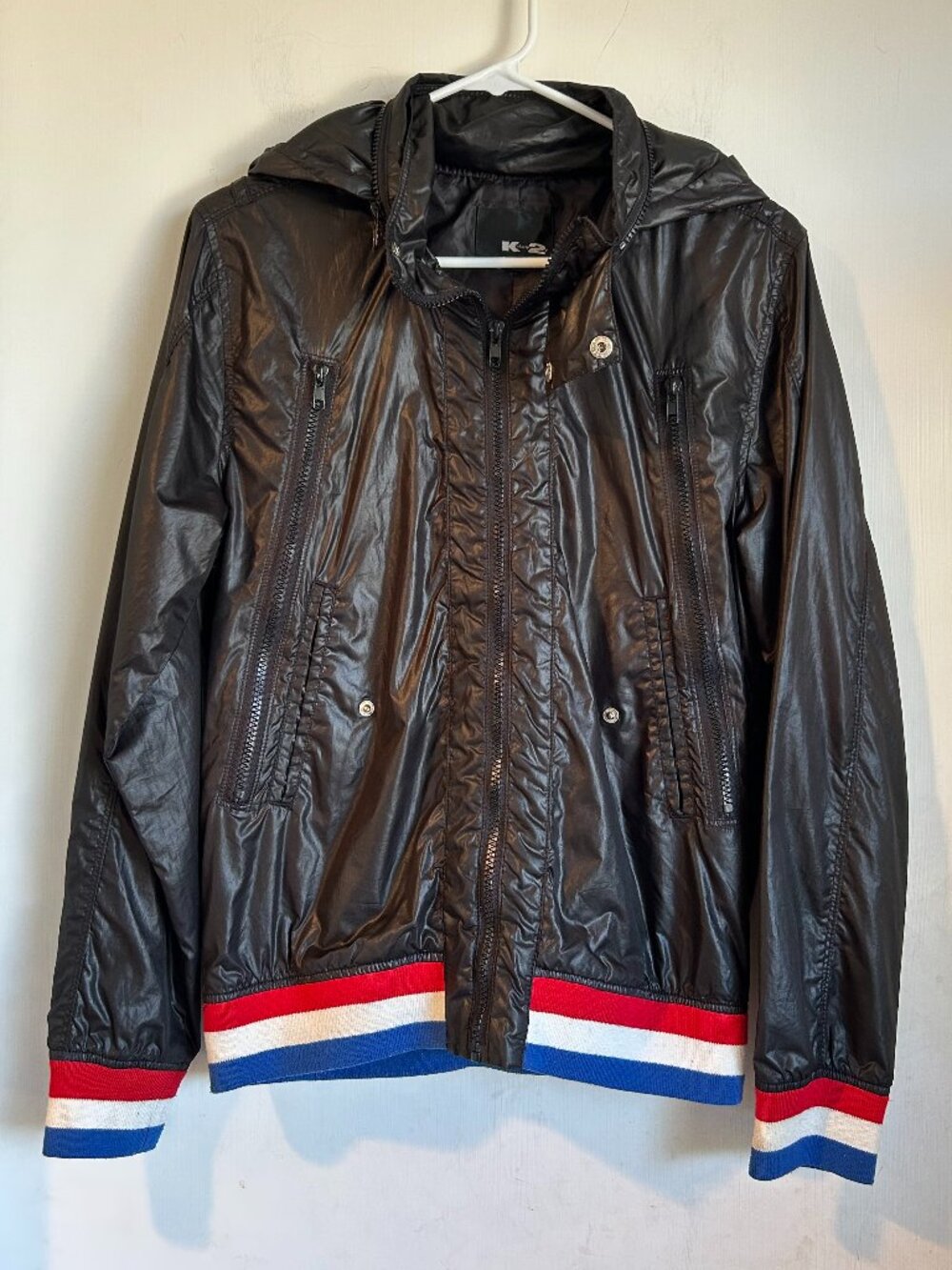 K2 - Vintage Black Windbreaker Biker Jacket with Red White and Blue Stripes